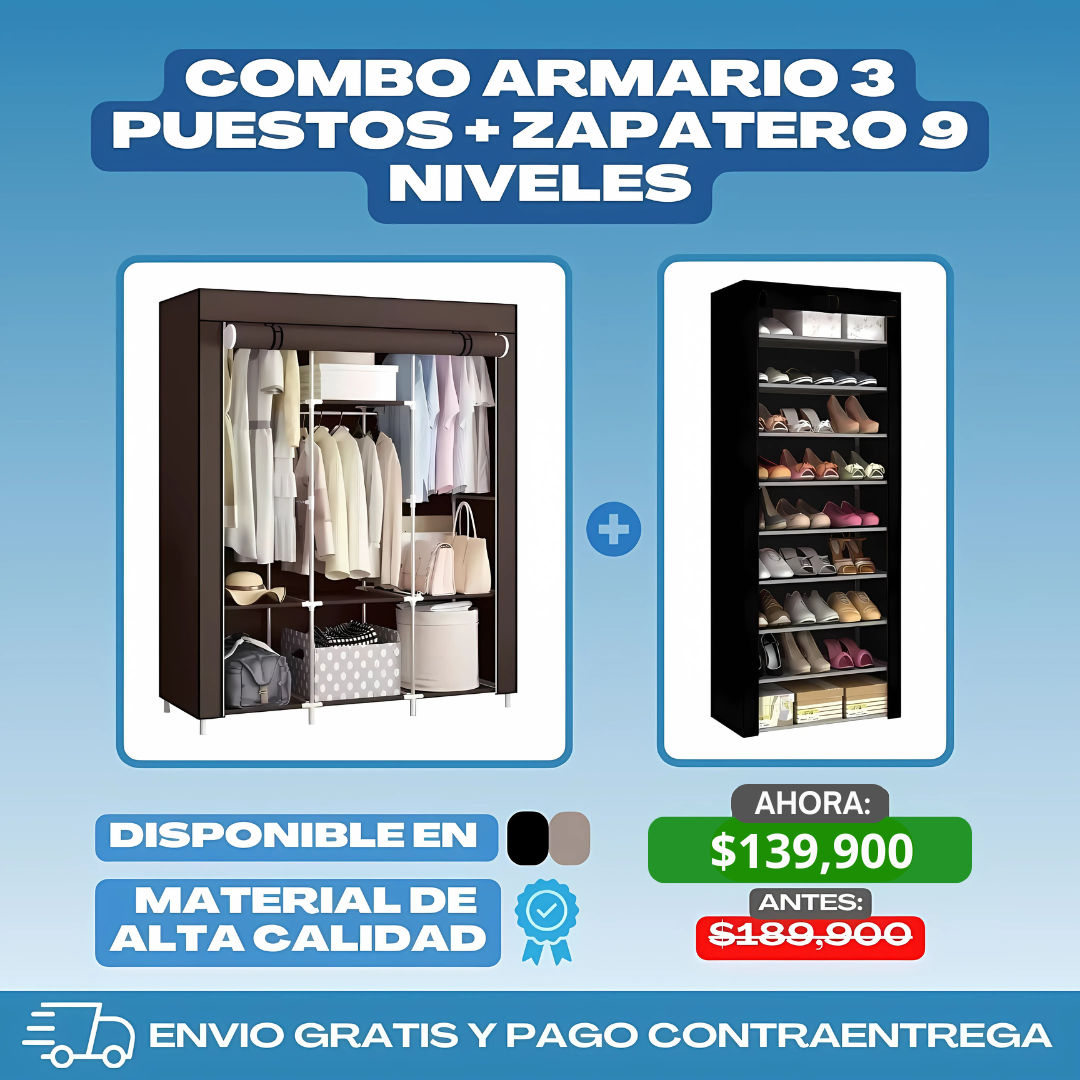 Combo Armario 3 Puestos + Zapatero 9 niveles