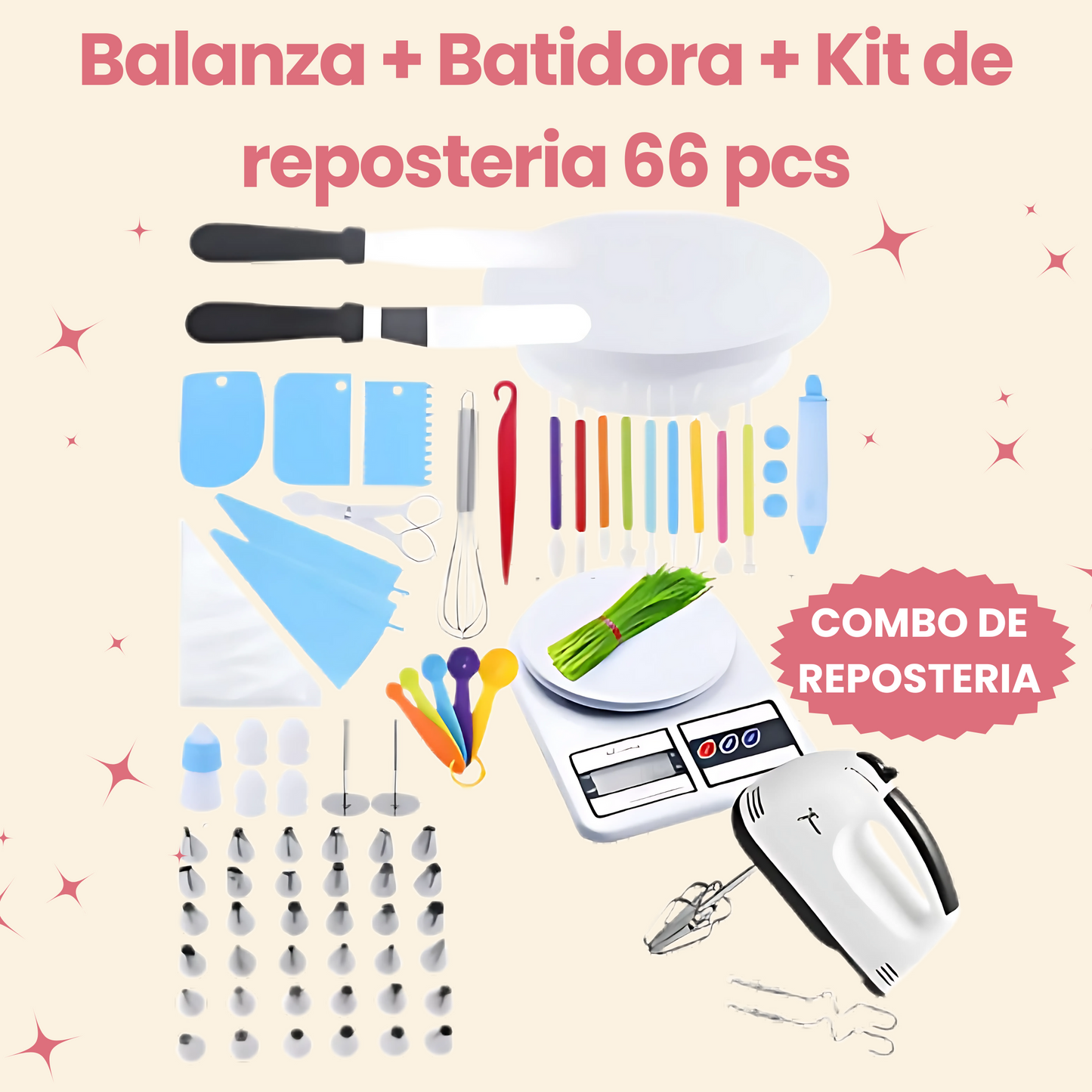 COMBO: Balanza + Batidora + Kit de repostería 66 pcs + ENVÍO GRATIS