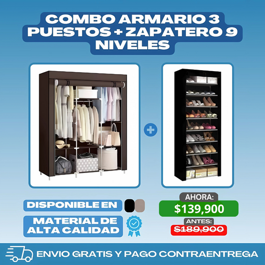 Combo Armario 3 Puestos + Zapatero 9 niveles