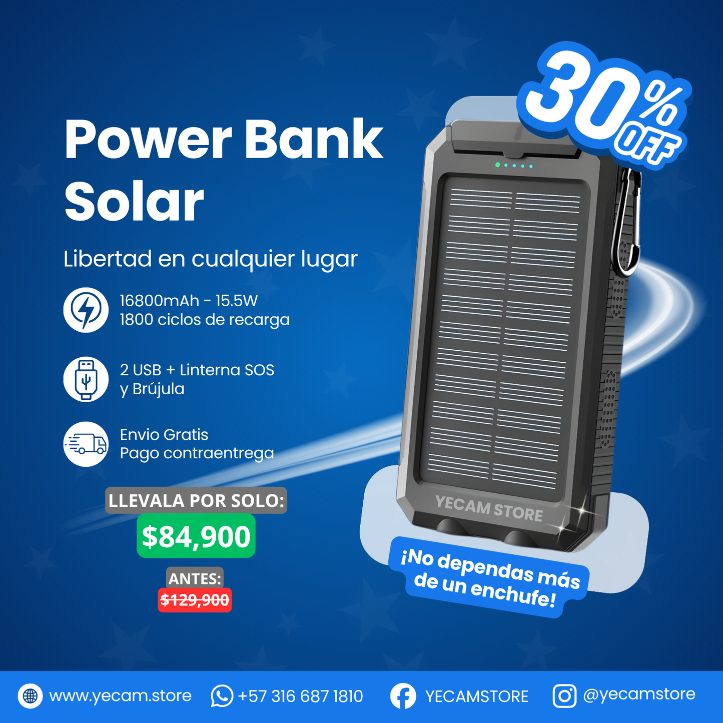 Power Bank Solar 16800mAh | 2 USB + Linterna SOS y Brújula | Carga Exterior
