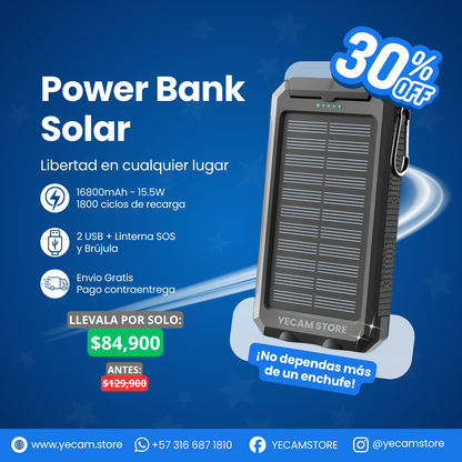 Power Bank Solar 16800mAh | 2 USB + Linterna SOS y Brújula | Carga Exterior