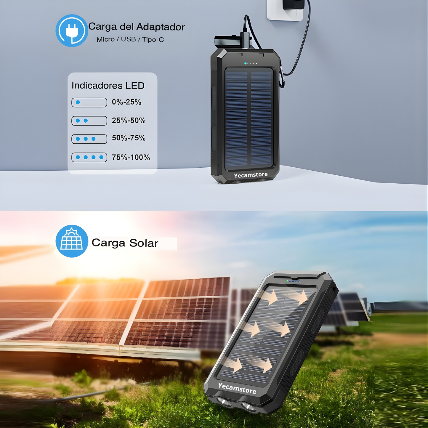 Power Bank Solar 16800mAh | 2 USB + Linterna SOS y Brújula | Carga Exterior