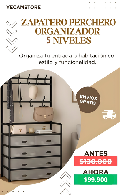 Zapatero 5 Niveles con Perchero – Antipolvo + Envío Gratis