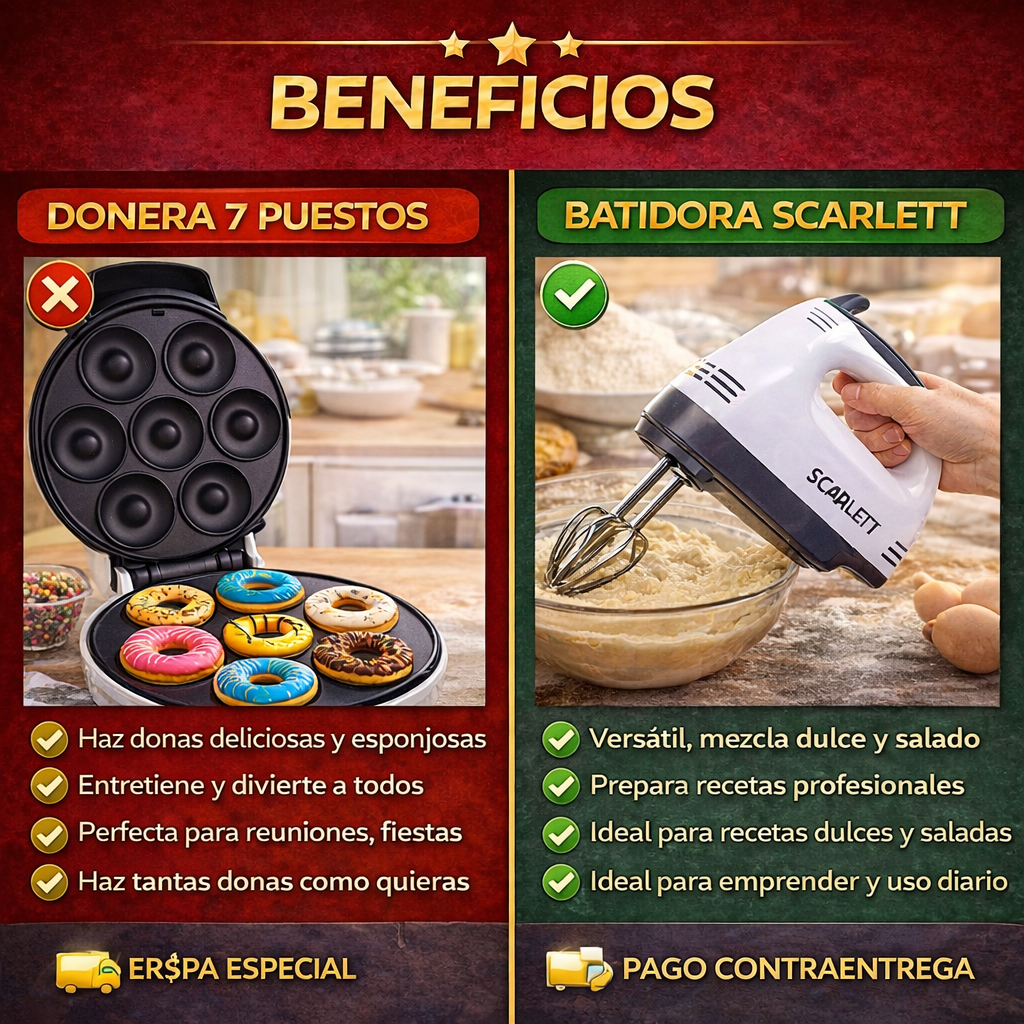 Combo Maquina donas 7 puestos + Batidora Scarlett