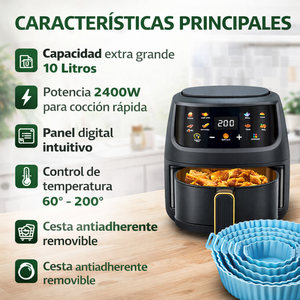 COMBO FREIDORA DE AIRE 10L + 6 MOLDES DE SILICONA