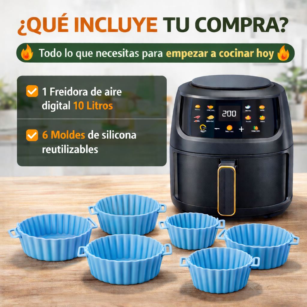 COMBO FREIDORA DE AIRE 10L + 6 MOLDES DE SILICONA