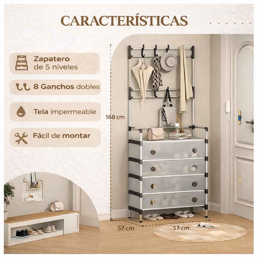 Zapatero 5 Niveles con Perchero – Antipolvo + Envío Gratis