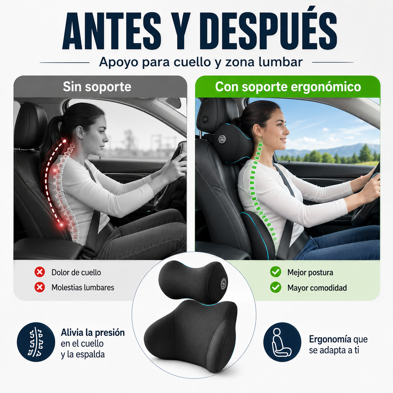 COJÍN PARA ASIENTO DE CARRO DESCANSO COMBO 2 EN 1 🚗