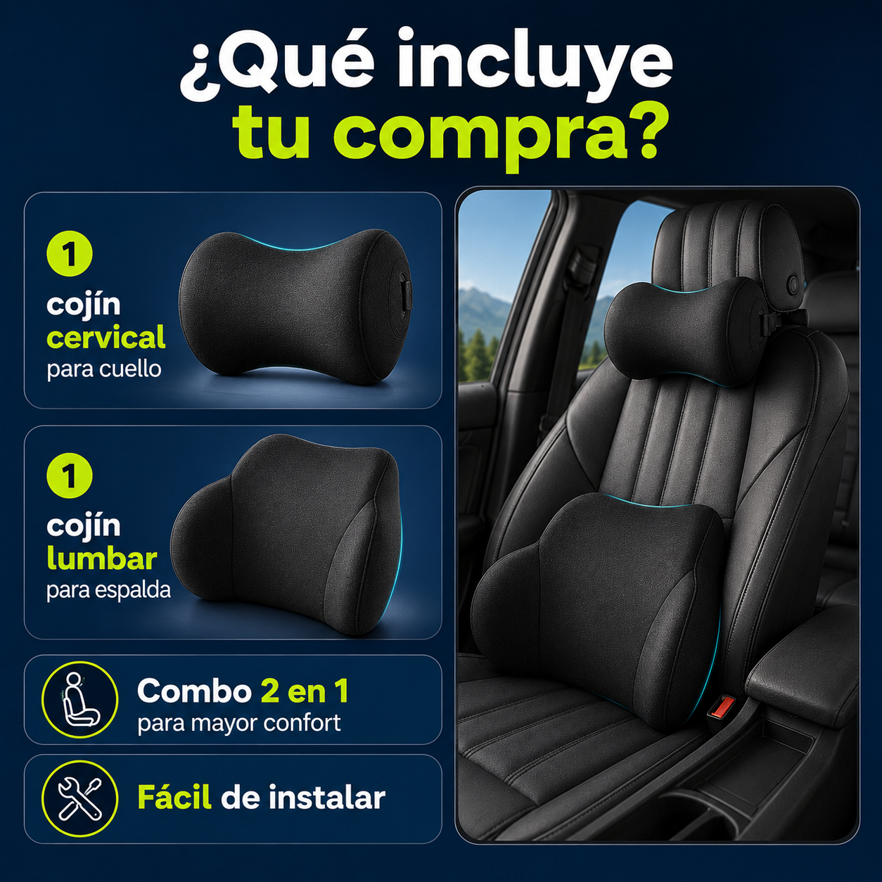 COJÍN PARA ASIENTO DE CARRO DESCANSO COMBO 2 EN 1 🚗