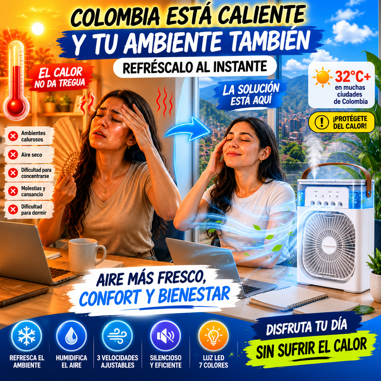 Ventilador Enfriador Humidificador Led + Envio Gratis