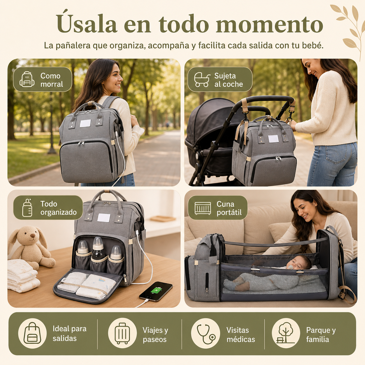 Bolso Pañalera Cuna Colchón Portátil