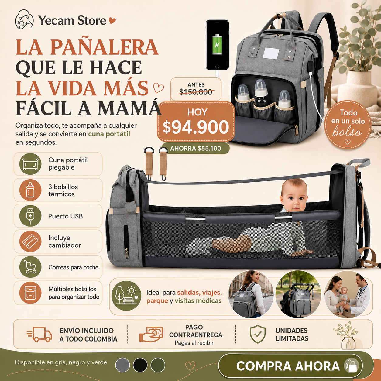 Bolso Pañalera Cuna Colchón Portátil