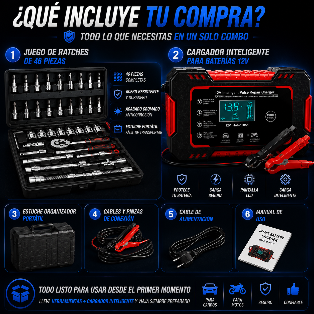 Combo juego de raches de 46pz + Bateria para carro y moto