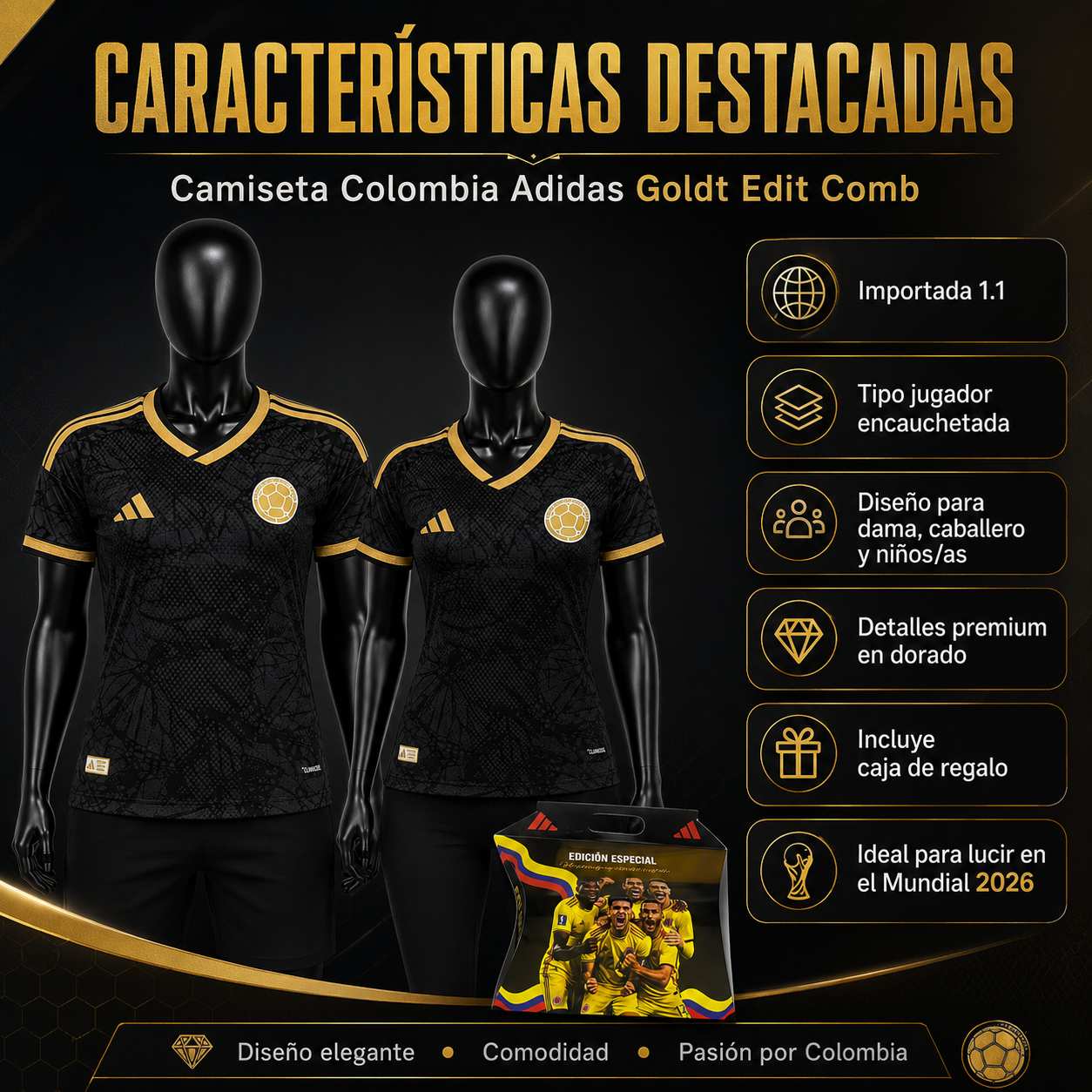 Camiseta Colombia Black and Gold 2026 – Edición Especial Mundial