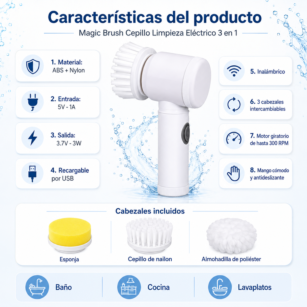 Cepillo Limpieza 3 en 1 Eléctrico