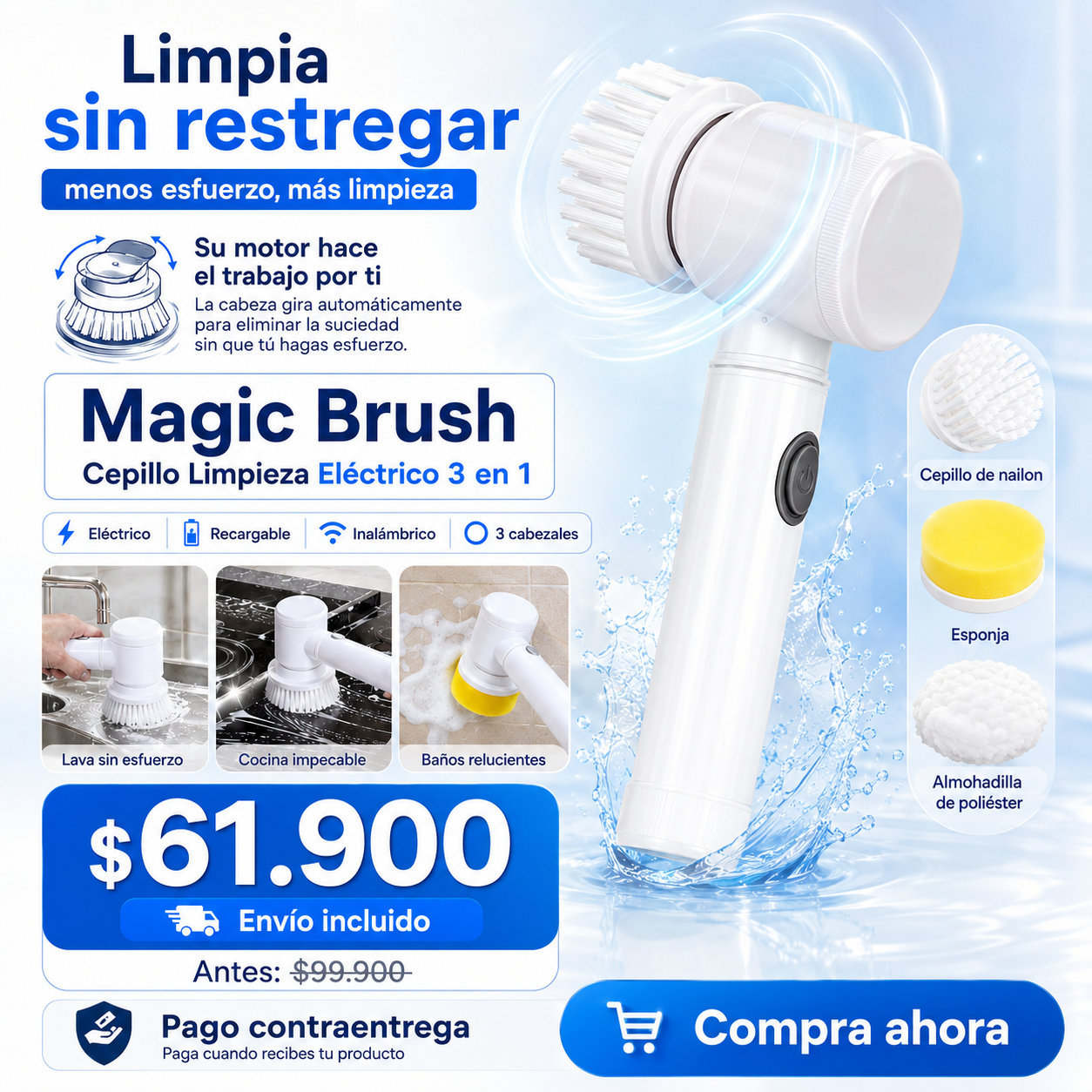 Cepillo Limpieza 3 en 1 Eléctrico