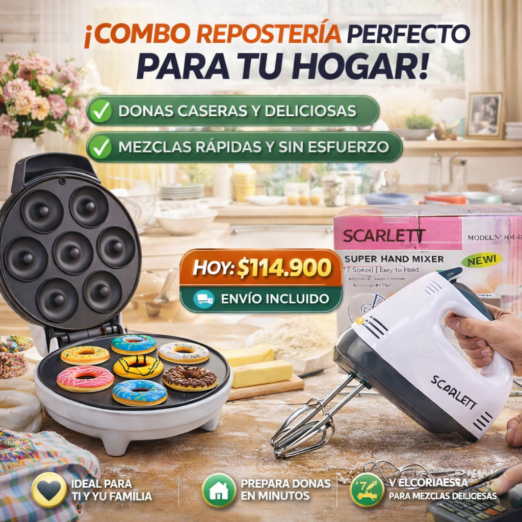 Combo Maquina donas 7 puestos + Batidora Scarlett