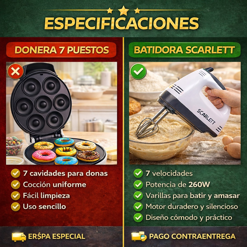 Combo Maquina donas 7 puestos + Batidora Scarlett