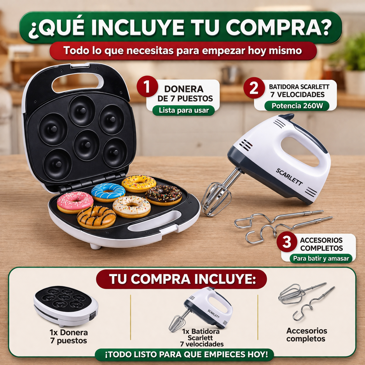 Combo Maquina donas 7 puestos + Batidora Scarlett