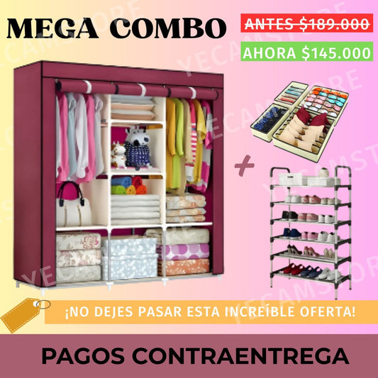 Combo Armario 3 Puestos y Zapatero 6 niveles + GRATIS Organizador de ropa