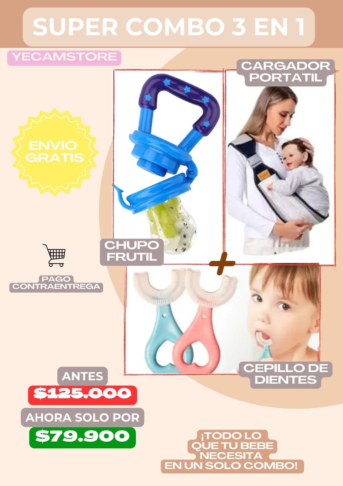 Kit Bebé 3 en 1: Fular Ergonómico + Mordedor + Chupete Alimentador