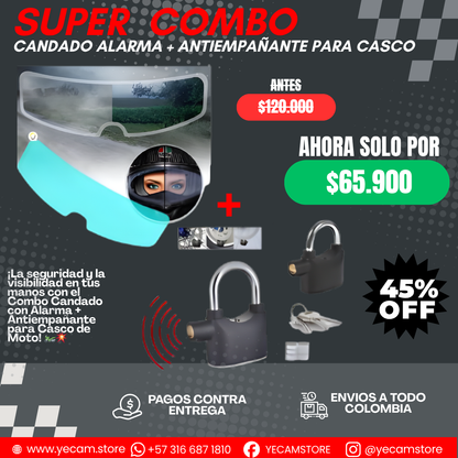 Kit Blindaje Vial Moto: Candado Alarma + Antiempañante Visión Clara